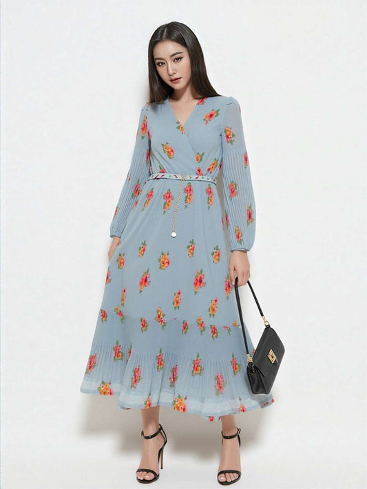 Women's Floral Pattern Pleated Dress With Belt