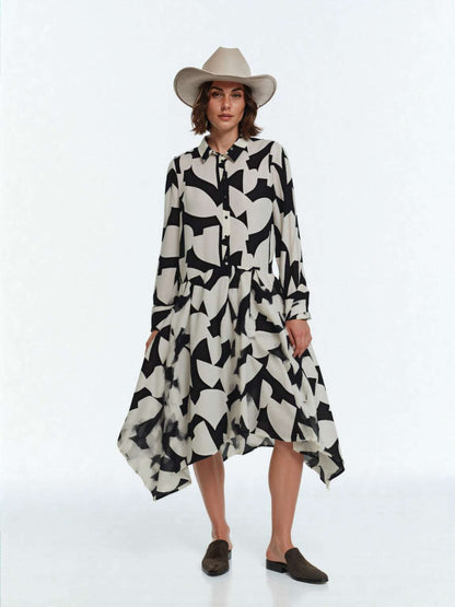 Women's Loose Black and White Geometric Pattern Shirt Style Dress - ChoreGirl
