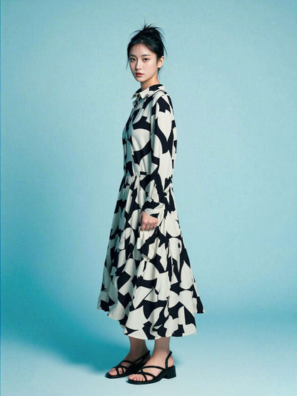 Women's Loose Black and White Geometric Pattern Shirt Style Dress - ChoreGirl