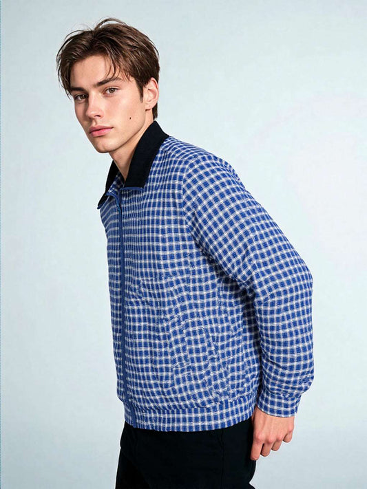 Men's Vintage Pattern Blue Shifty Corduroy Collar Track Jacket