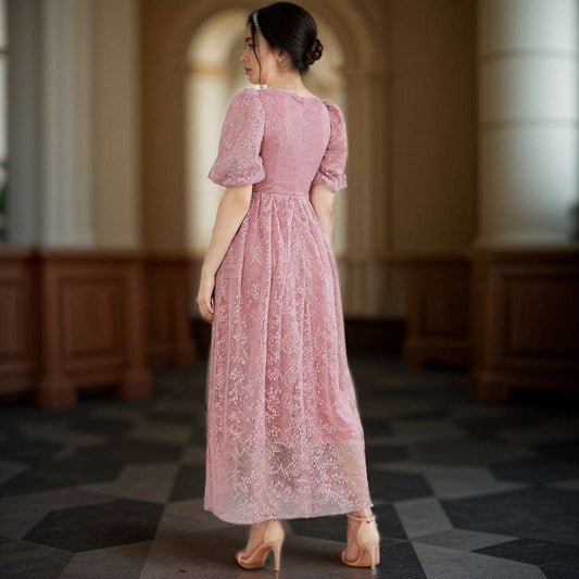 Women's Elegant Lace Jacquard Midi Dress with Bell Style Sleeves