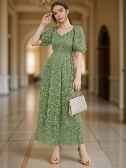 Women's Elegant Lace Jacquard Midi Dress with Bell Style Sleeves
