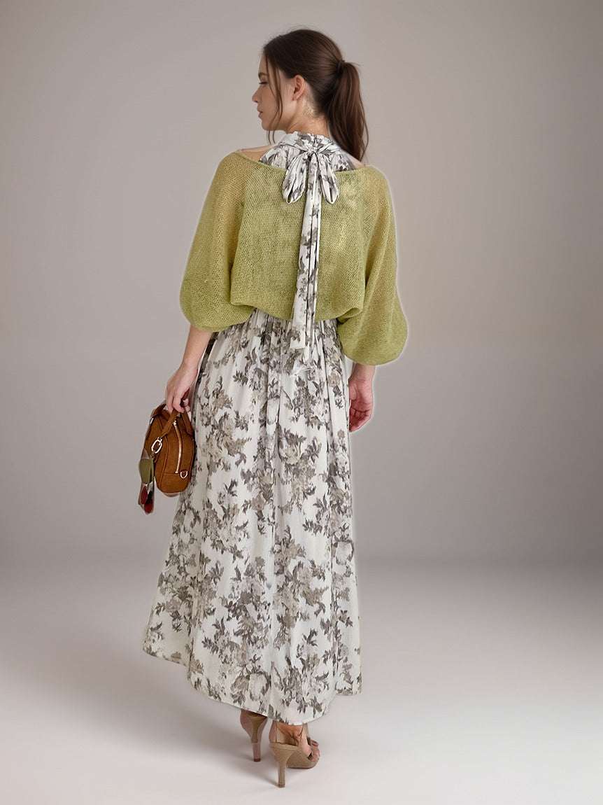 Women's Vintage Romantic Sleeveless Maxi Halter Dress with Bolero Cardigan