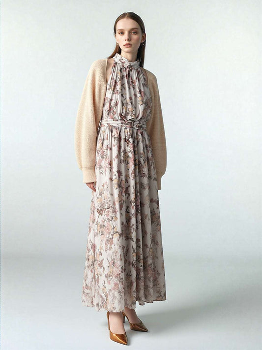 Women's Vintage Romantic Sleeveless Maxi Halter Dress with Bolero Cardigan