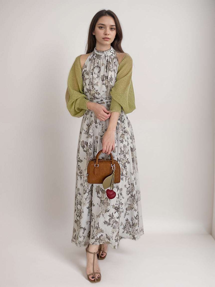 Women's Vintage Romantic Sleeveless Maxi Halter Dress with Bolero Cardigan