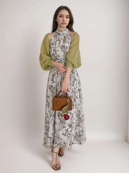 Women's Vintage Romantic Sleeveless Maxi Halter Dress with Bolero Cardigan