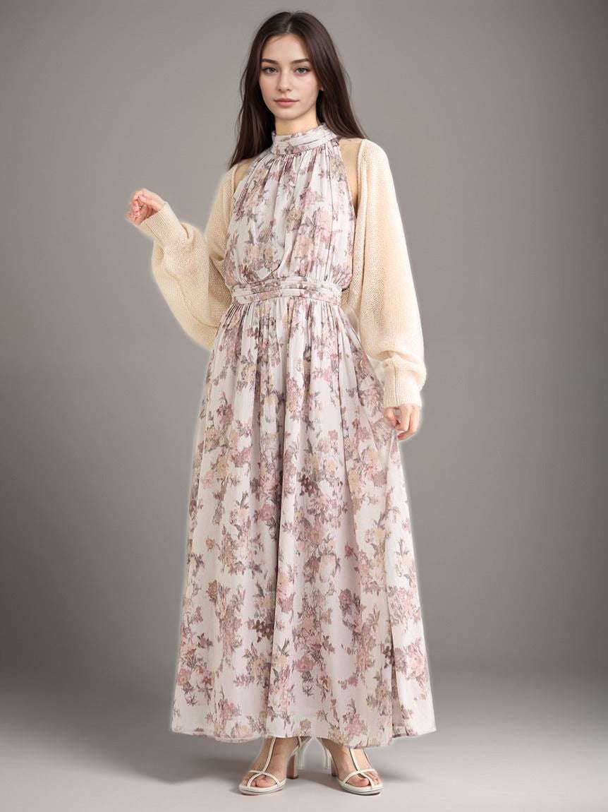 Women's Vintage Romantic Sleeveless Maxi Halter Dress with Bolero Cardigan