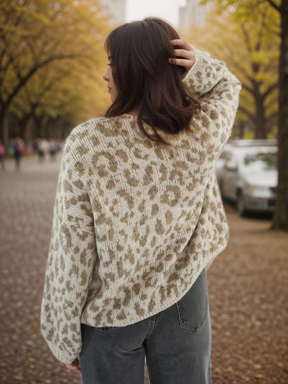 Women's Vintage Look Round Neck Leopard Print Knitted Cardigan with Tie-up Closure