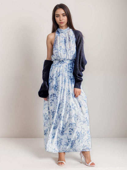 Women's Vintage Romantic Sleeveless Maxi Halter Dress with Bolero Cardigan