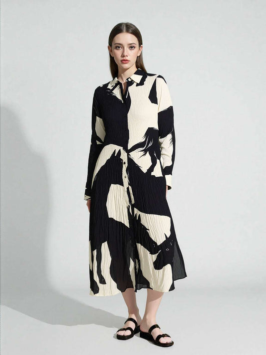 Women's Long Sleeve Black and White Shirt Style Dress - ChoreGirl