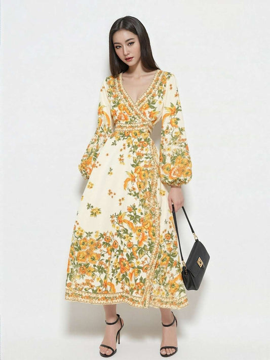 Women's Retro Pleated Puff Sleeve A-line High Waist Dress with Floral Print - ChoreGirl