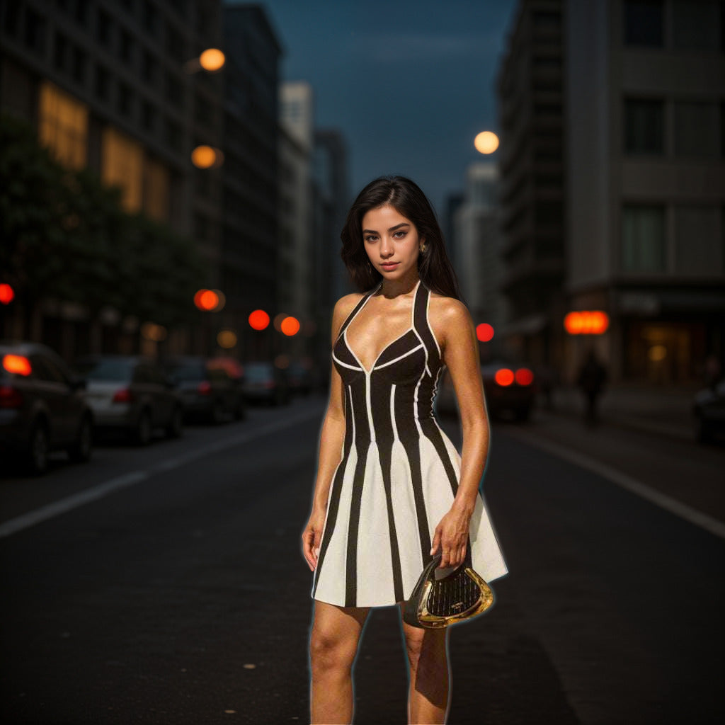 Women's Halter A-line Contrast color Black And White Short Dress - ChoreGirl