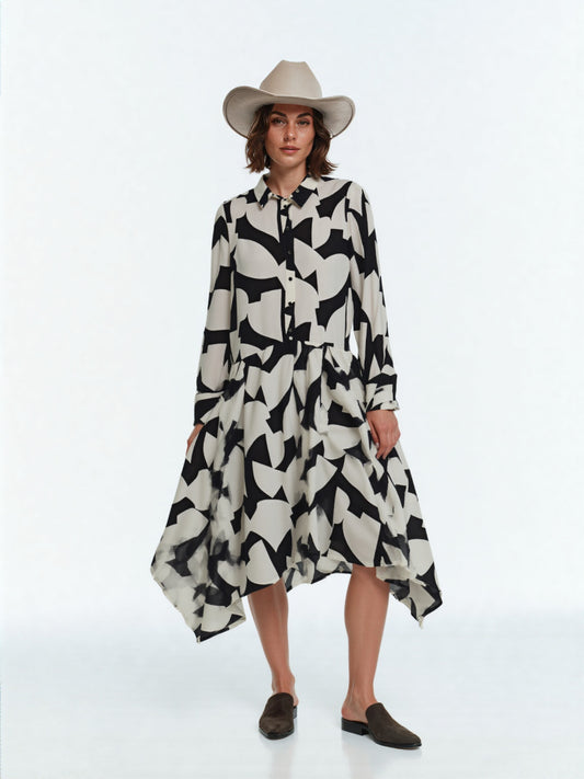 Women's Loose Black and White Geometric Pattern Shirt Style Dress - ChoreGirl