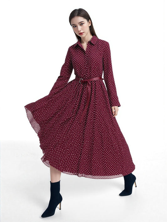 Women's Elegant Pleated Wine Red Polka Dots Retro Dress - ChoreGirl