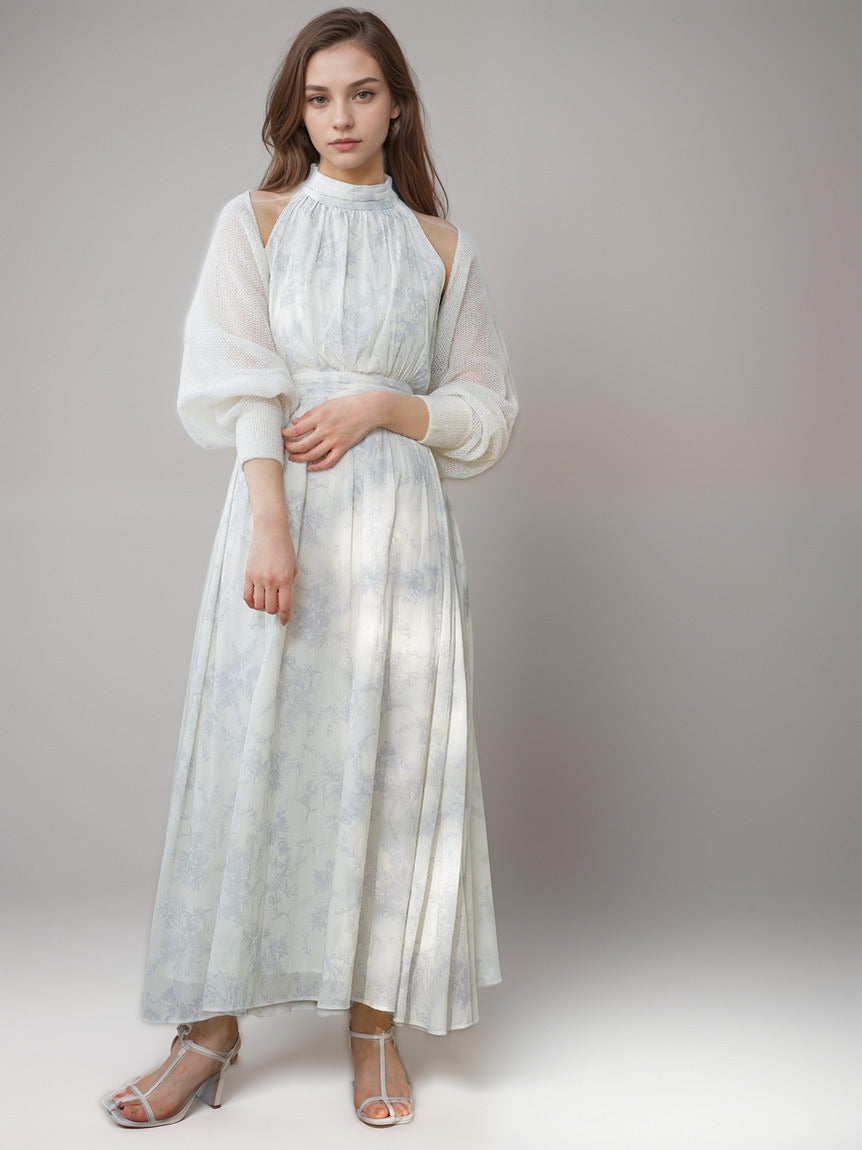 Women's Vintage Romantic Sleeveless Maxi Halter Dress with Bolero Cardigan - ChoreGirl