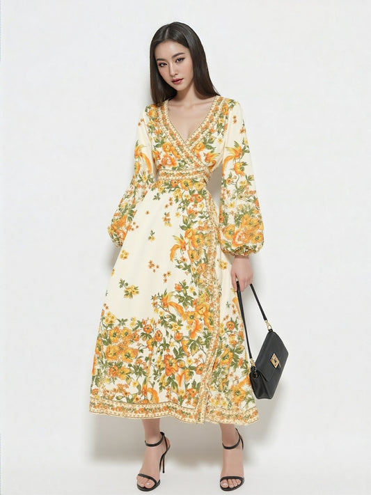 Women's Retro Pleated Puff Sleeve A-line High Waist Dress with Floral Print - ChoreGirl