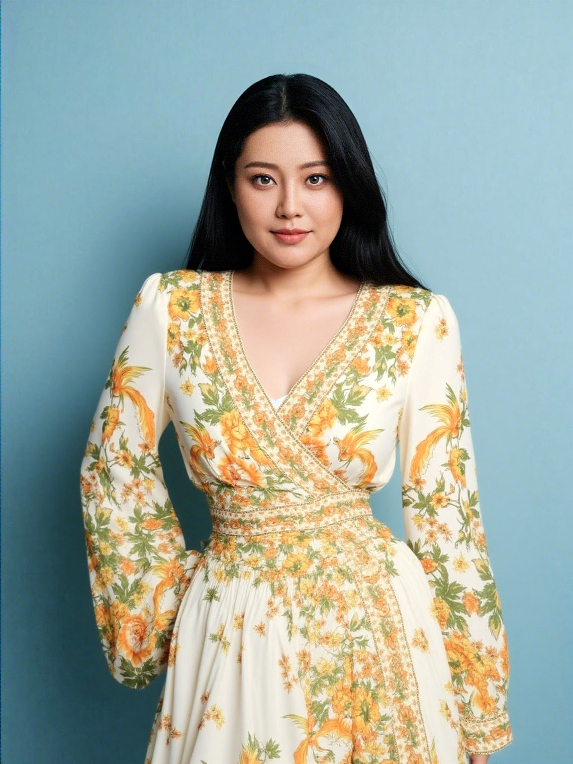 Women's Retro Pleated Puff Sleeve A-line High Waist Dress with Floral Print - ChoreGirl