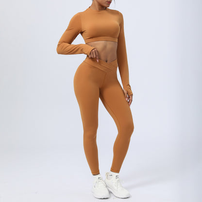 Women's Nude Feel Cross Strap Two-piece Workout Outfit Set - ChoreGirl