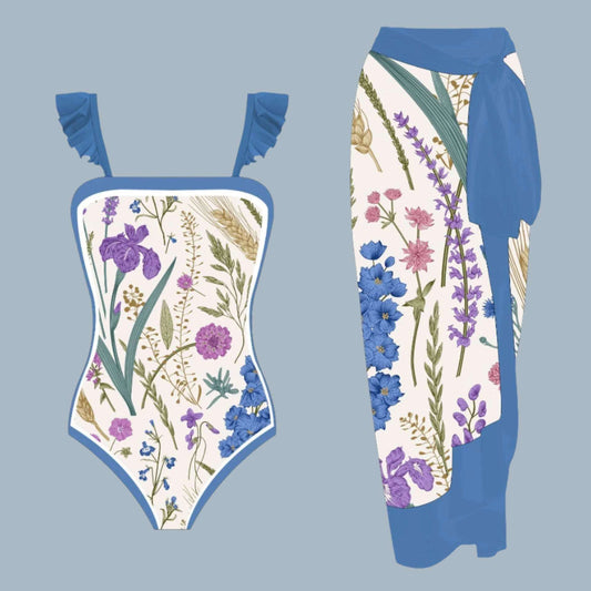 Women's One-piece Swimming Suit and Cover-up Scarf Two-piece Swimwear Set - ChoreGirl