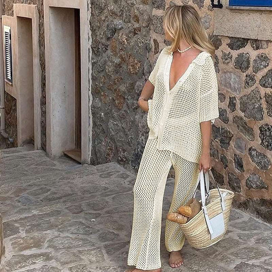 Women's Solid Color Hollow Knitted Beach Swimwear Cover-up Outfit Set - ChoreGirl