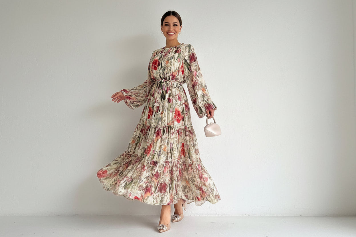 Elegant Floral Print Long Sleeve Maxi Dress - Women