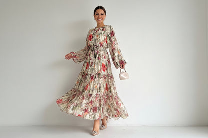Elegant Floral Print Long Sleeve Maxi Dress - Women