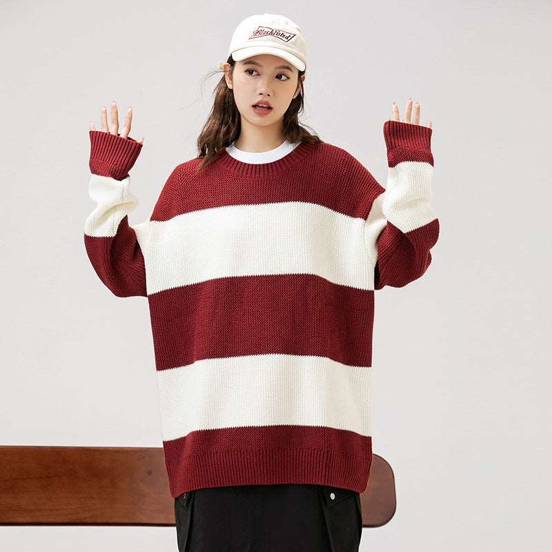 Couples Matching Loose Round Neck Striped Knitted Sweater - ChoreGirl
