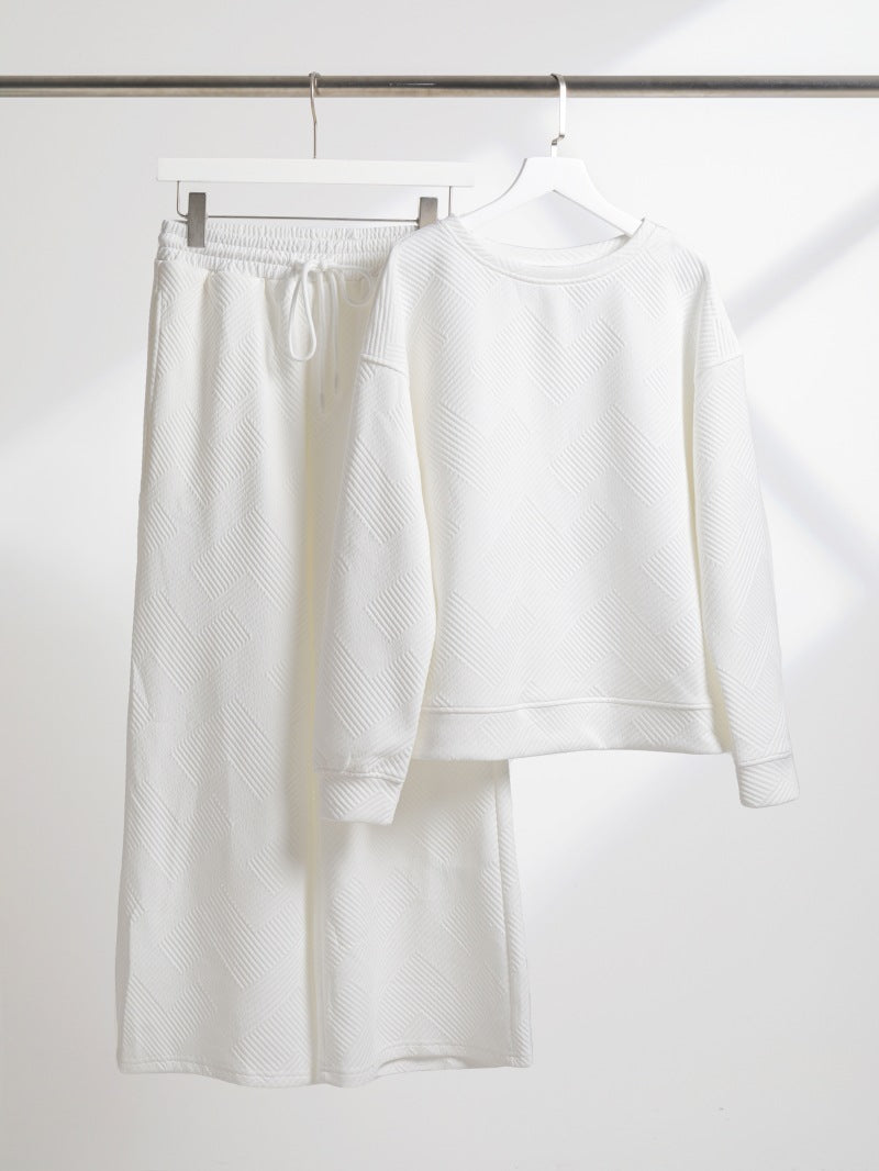 Women's Casual Textured Solid Color Loose Thick Long Sleeved Sweatshirt and Pants Two-piece Outfit Set - ChoreGirl