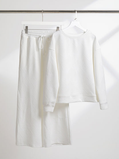 Women's Casual Textured Solid Color Loose Thick Long Sleeved Sweatshirt and Pants Two-piece Outfit Set - ChoreGirl