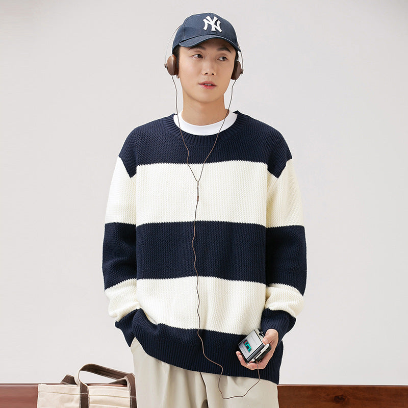 Couples Matching Loose Round Neck Striped Knitted Sweater - ChoreGirl