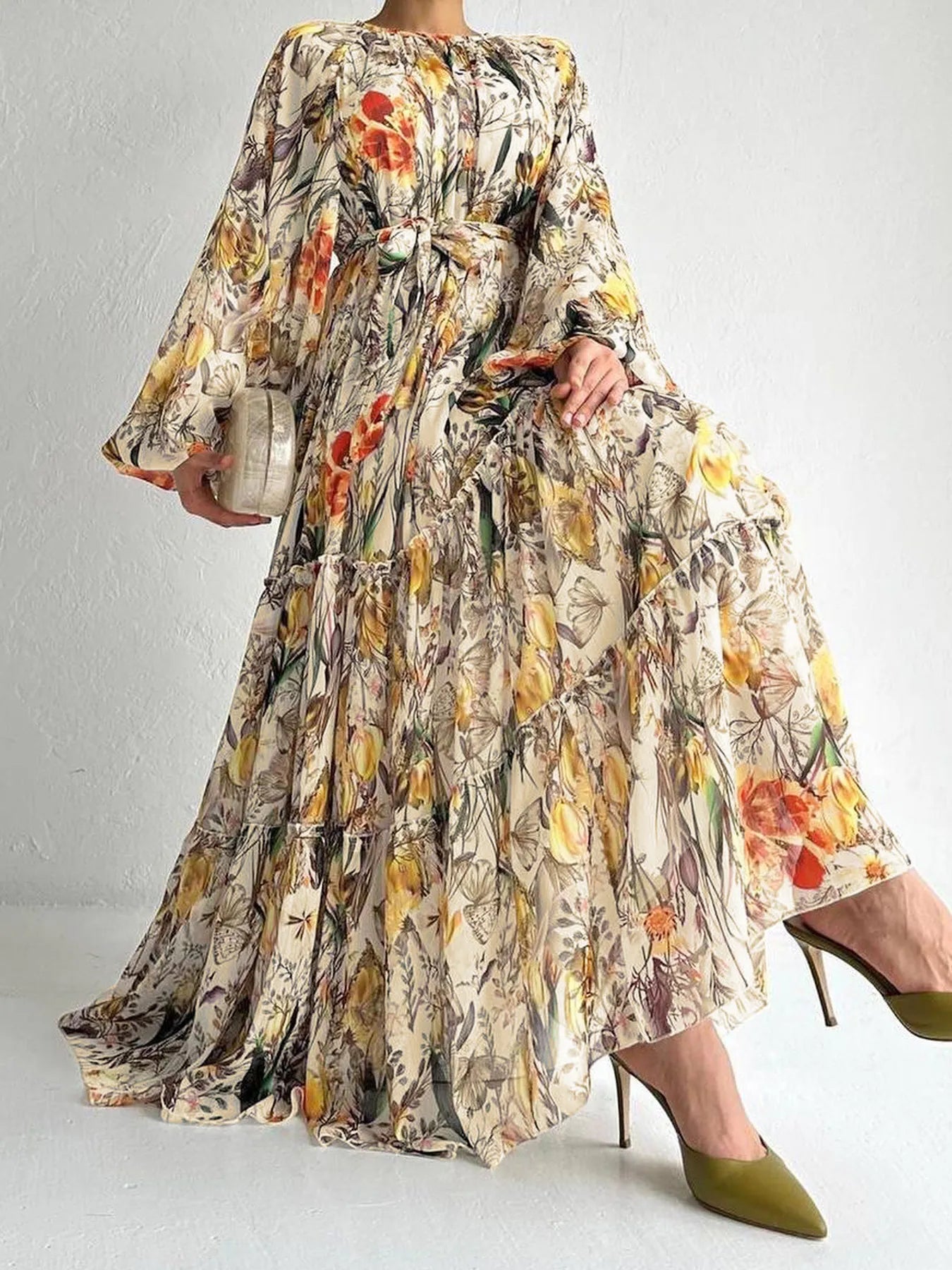 Elegant Floral Print Long Sleeve Maxi Dress - Women