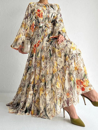 Elegant Floral Print Long Sleeve Maxi Dress - Women