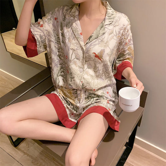 Women's Ice Silk Short Sleeved Shirt and Shorts Lapel Bird Pajamas Set - ChoreGirl