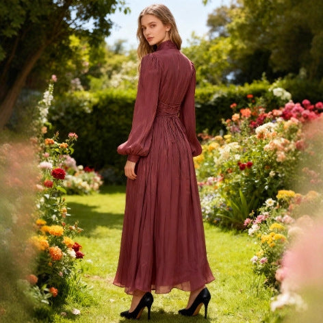 Women's French Style Modest Long Pleated Chiffon Dress with Tied Back