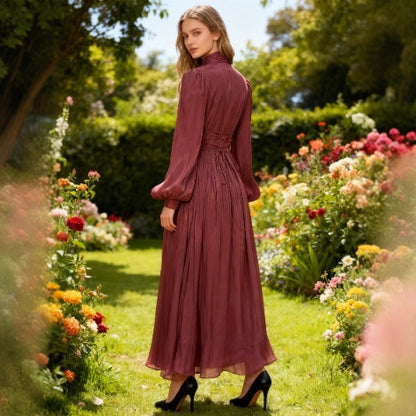 Women's French Style Modest Long Pleated Chiffon Dress with Tied Back