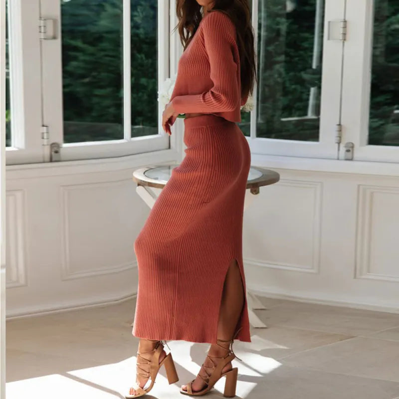 Women's Knitted Long Sleeved Jumper and Long Slit Skirt Outfit Set - ChoreGirl