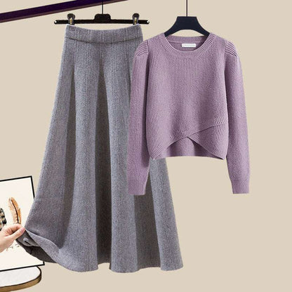 Women's Warm Irregular Style Knitted Sweater and Skirt Outfit Set