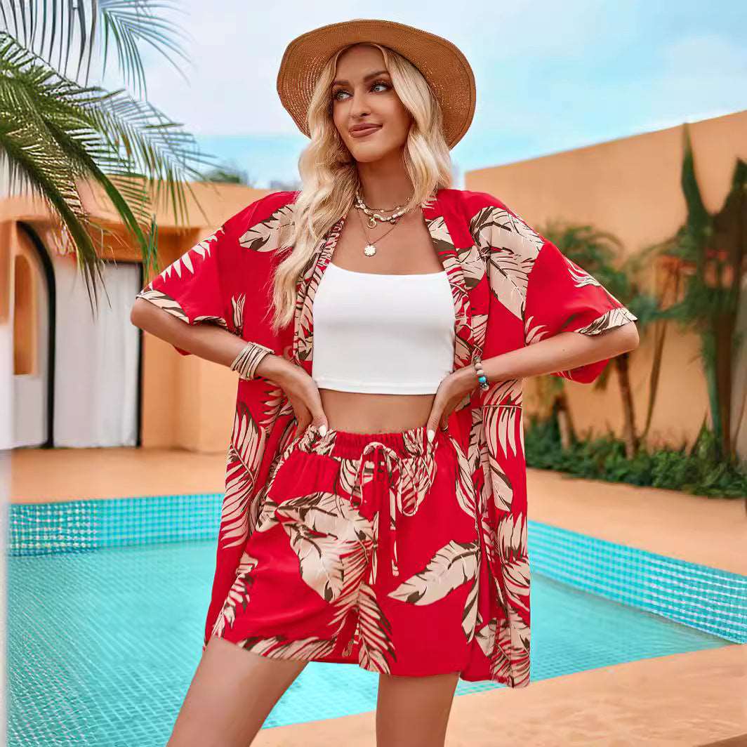 Women's Casual Leaves Print Short Sleeved Shirt And Shorts Outfit Set - ChoreGirl