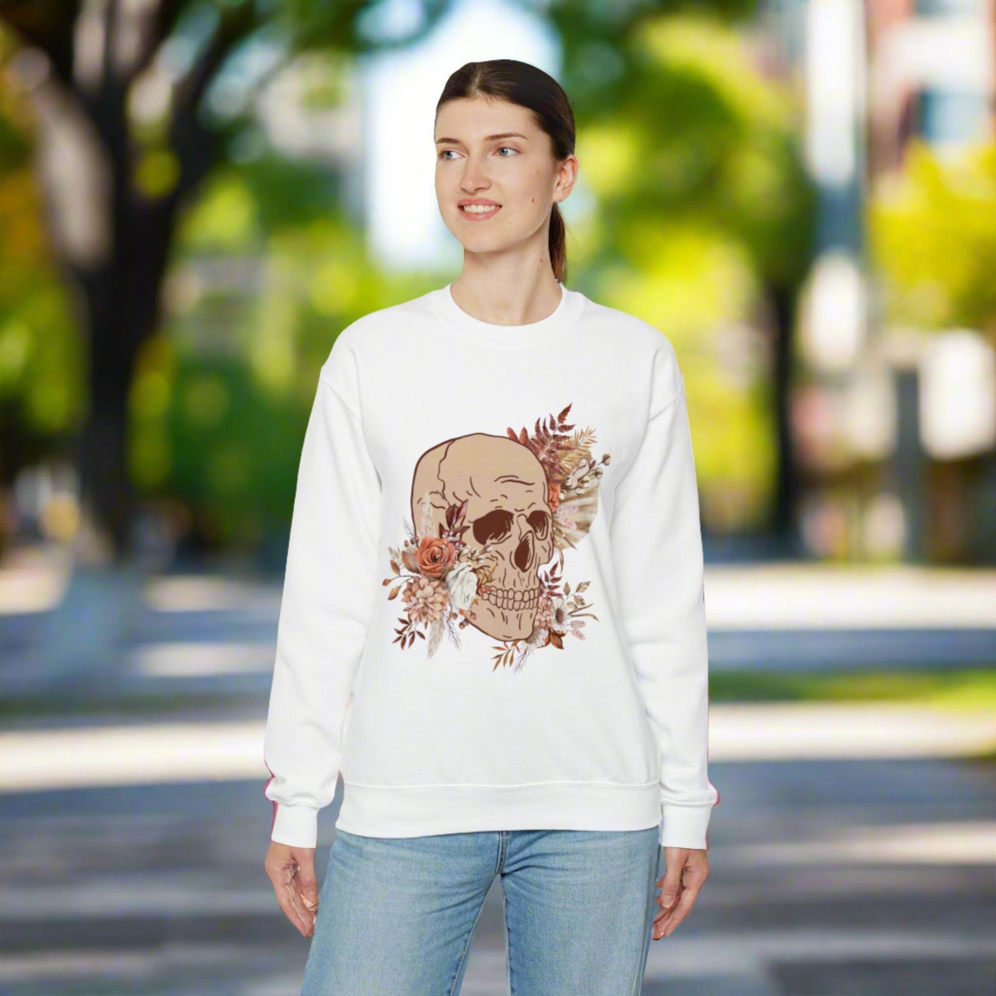 Custom Unisex Vintage Skull and Flower Heavy Blend Crewneck Sweatshirt | PERSONALIZED - ChoreGirl