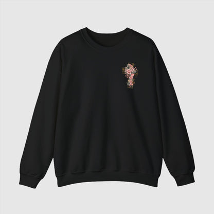 Custom Unisex Blooming Flower Cross Heavy Blend Crewneck Sweatshirt | PERSONALIZED - ChoreGirl