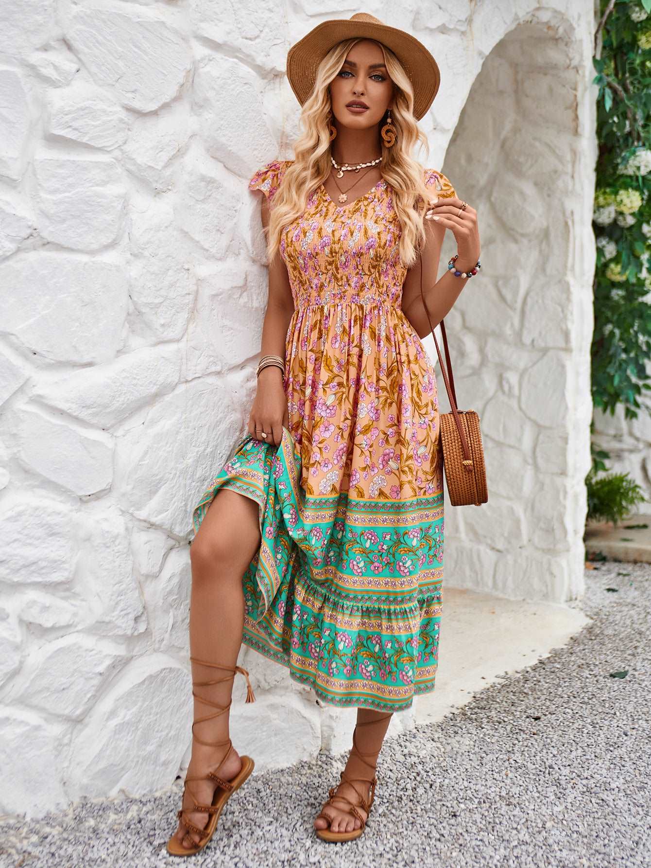 Women's Casual Bohemian Flower Print V-neck Ruffle Sleeveless Dress - ChoreGirl