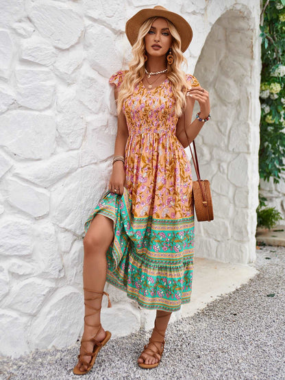 Women's Casual Bohemian Flower Print V-neck Ruffle Sleeveless Dress - ChoreGirl