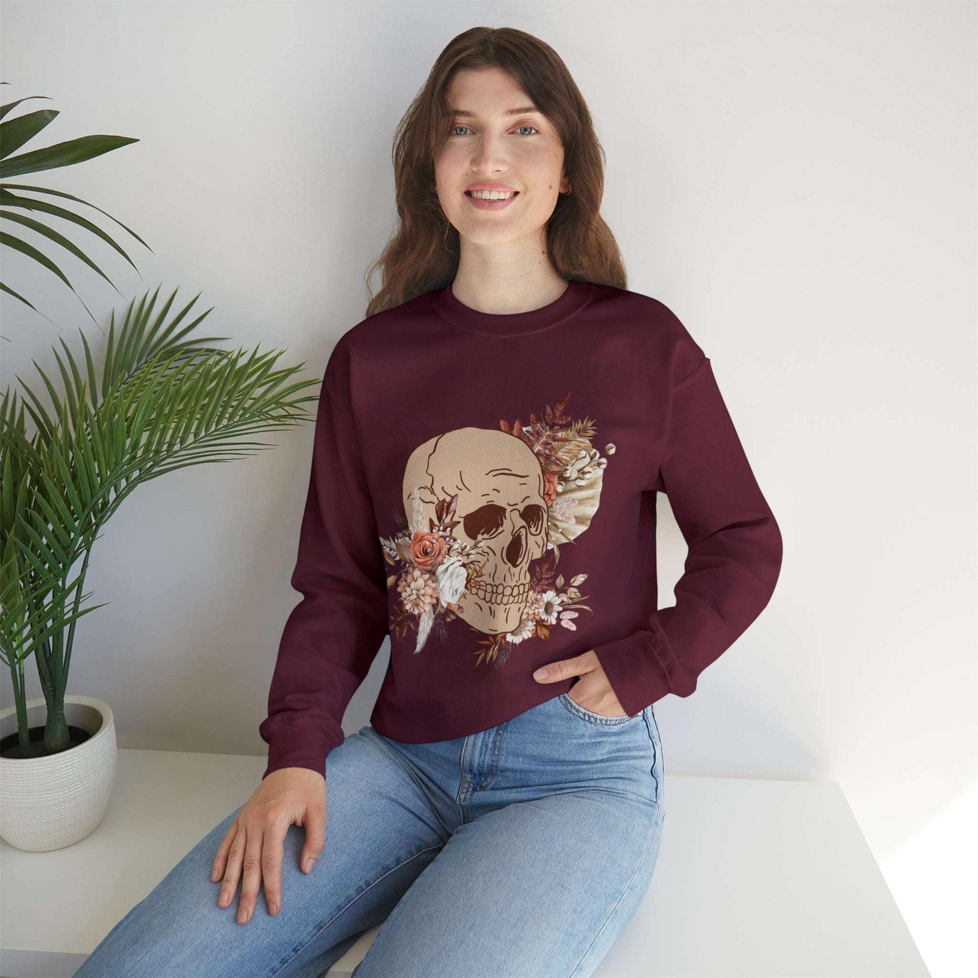 Custom Unisex Vintage Skull and Flower Heavy Blend Crewneck Sweatshirt | PERSONALIZED - ChoreGirl