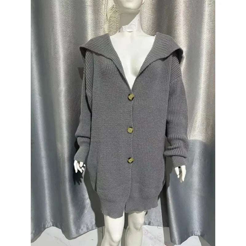 Women's Mid-length Lapel Collar Knitted Button-up Cardigan Jacket - ChoreGirl
