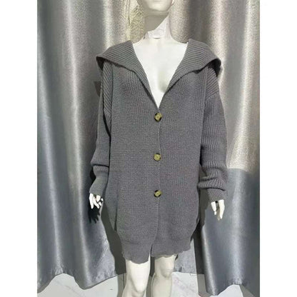 Women's Mid-length Lapel Collar Knitted Button-up Cardigan Jacket - ChoreGirl