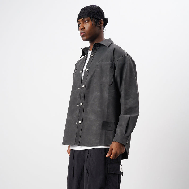 Men's Retro Street Style Washed-out PU Leather Long Sleeved Button-up Shirt - ChoreGirl