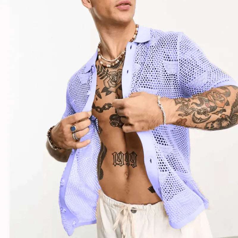 Men's Solid Color Loose Mesh Hollow Cut-Out Button-up Shirt - ChoreGirl