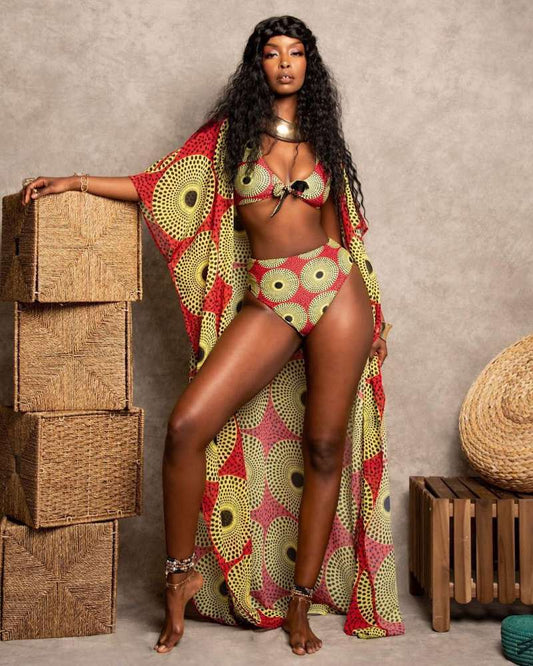 Women's Colorful Print High Waist Two-piece Swimsuit and Cover-up Robe - ChoreGirl