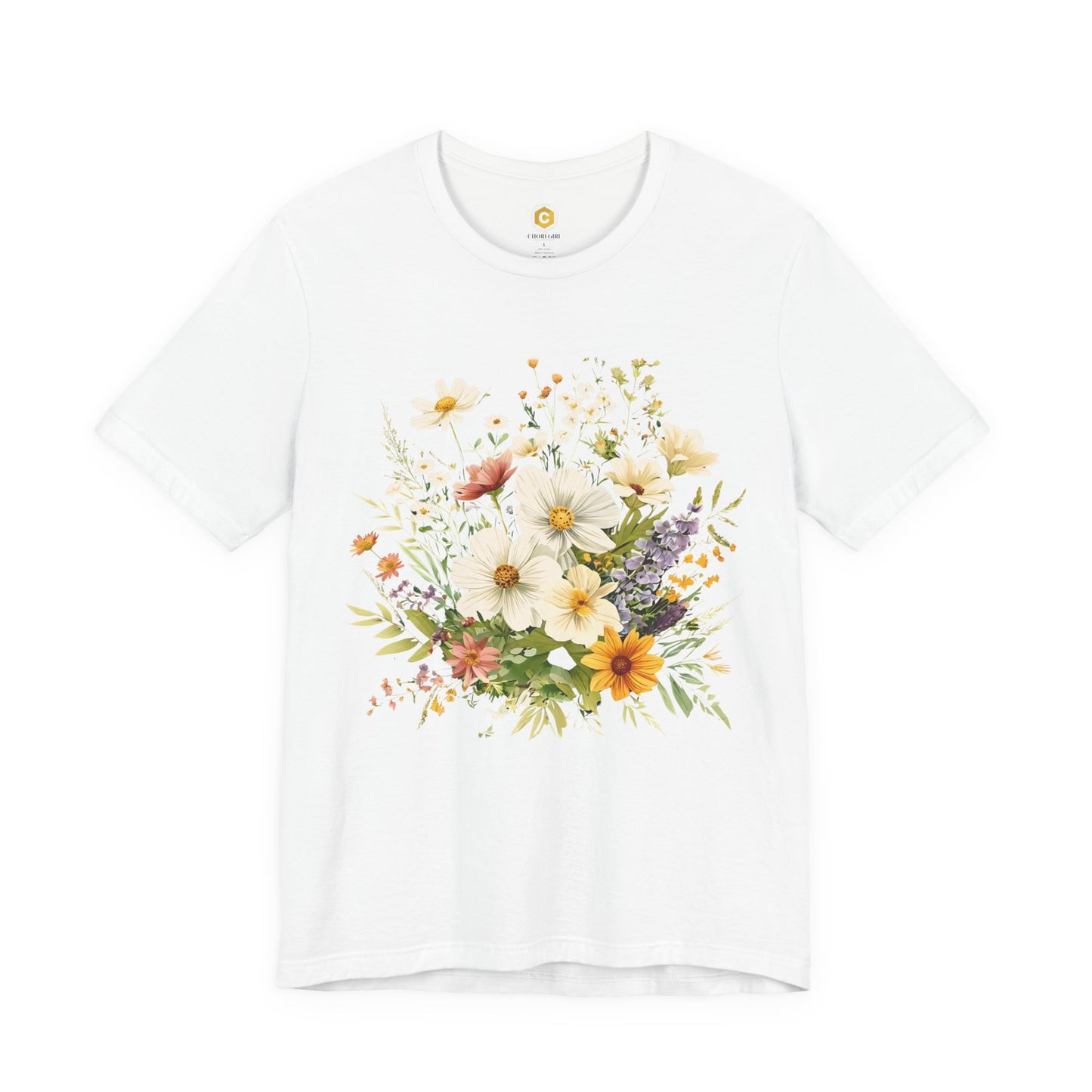 White t-shirt with a floral design on a white background