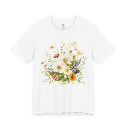 White t-shirt with a floral design on a white background